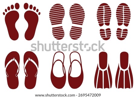 A collection of maroon icons representing different types of footwear and footprints, including bare feet, shoe prints, flip-flops, ballet flats, and swim fins.