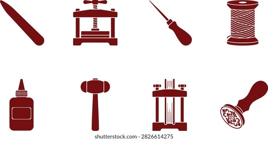 A collection of maroon vector icons representing traditional bookbinding tools and equipment on a white background.