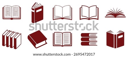 A collection of maroon-colored book icons, showcasing various open and closed book designs, stacked books, and individual volumes.