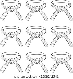  Collection of martial arts belts with different rank colors for skill level. Karate, taekwondo, judo, jujitsu, kickboxing, or kung fu belts. Vector black and white coloring page.