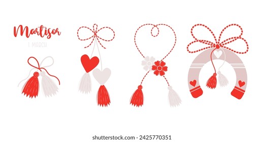 Colección Martisor vacaciones. Talismán martenitsa. Amuletos aislados de hilo rojo y blanco. Símbolo moldavo, rumano y búlgaro para el comienzo de la primavera. 1 de marzo 