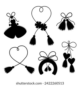 Collection Martisor holiday silhouettes. Martenitsa talisman. Isolated vector black drawings amulets. Moldovan, Romanian and Bulgarian symbol for spring beginning. 1 March.