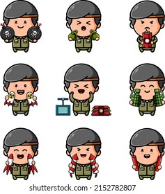 The collection of the mascot army boy with the rocket and bomb bundle set of illustration