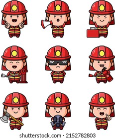 The collection of the mascot fireman with the red helmet bundle set of illustration