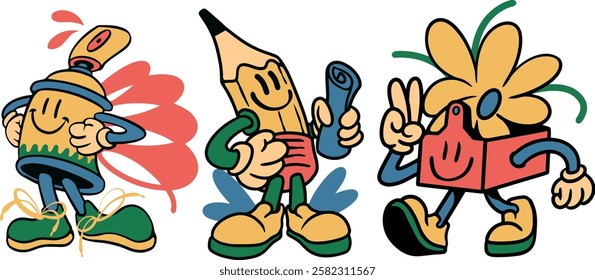 Collection of mascot vector illustration. Mascot pencil, mascot spray paint, mascot flower with box