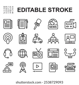 Collection of mass media journalist icons. Thin line vector. Contains icons such as newspaper, news reading, camera and more.