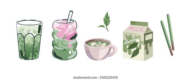 A collection of matcha drinks and desserts. Matcha tea, matcha latte, matcha milk and green tea leaves.