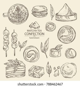 Collection of matcha green tea confection: macaroons, sweets, biscuits. Vector hand drawn illustration