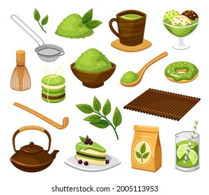 Collection Of Matcha Products Isometric Vector Cartoon Illustration. Set Of Organic Plant Food And Drinks For Dietary Vegetarian Nutrition Isolated On White. Mochi, Macarons, Tea Pot, Bamboo Spoon