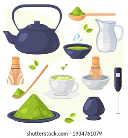 Collection of matcha tea products. Matcha powder, teapot, bamboo spoon, tea leaves, chasen, cha shaku, chawan, tea cup, latte cup, glass milk jug, cappuccino maker. Cartoon vector set. Flat design.