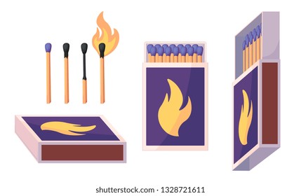 Collection of matches. Burning match with fire, opened matchbox, burnt matchstick. Flat design style. Vector illustration isolated