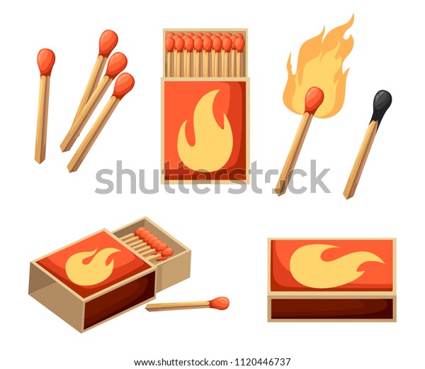 Collection of matches. Burning match\
with fire, opened matchbox, burnt matchstick. Flat design style.\
Vector illustration isolated on white\
background.