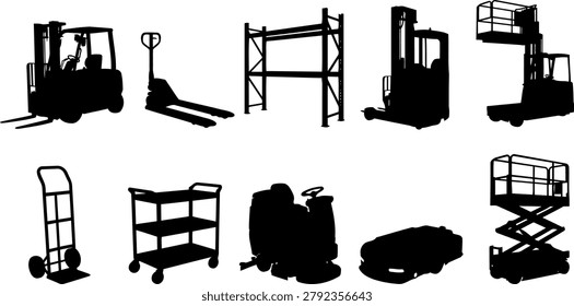 Collection of material handling silhouettes showing forklift pallet jack rack stacker boom lift hand truck trolley floor scrubber cart and scissor lift. Black vector silhouettes isolated on white background.