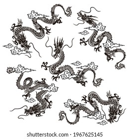 A collection of materials depicting dragons in Japanese style,