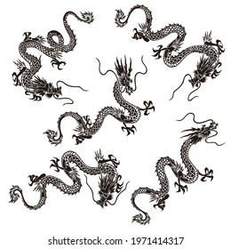 A collection of materials depicting dragons in Japanese style,