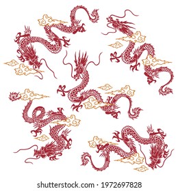 A collection of materials depicting dragons in Japanese style,