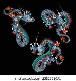 Una colección de materiales que representan dragones utilizando técnicas japonesas,