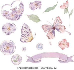 Una colección de materiales con flores moradas, mariposas y cintas