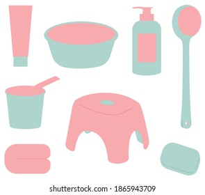 A collection of materials for tools used in the bath.