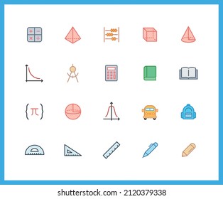 Collection of math color icons. Set of Pi, Graph symbols drawn with thin contour lines. Vector illustration.