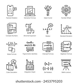 Colección de los iconos de estilo de línea de expresiones matemáticas 

