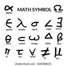 Collection of math symbols in hand drawn style, omega, delta, theta, alpha, lambda, sigma, pi, eta, epsilon, beta. school, study