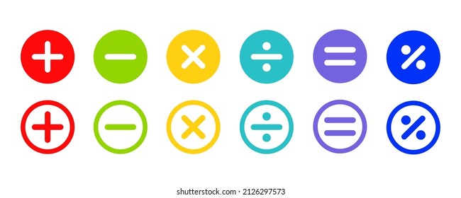 Colección de iconos vectoriales de símbolos matemáticos. Conjunto de signos matemáticos coloridos sobre fondo blanco. Vector 10 EPS.