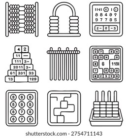 a collection of mathematical and counting tools and methods illustrated in black and white line The visuals include an abacus, a counting frame, a calculator, and various arithmetic operations........