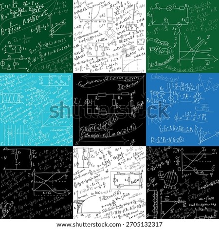 A collection of mathematical equations and formulas on a blackboard. A set of hand-drawn diagrams and graphs on white, black, green, and blue backgrounds.