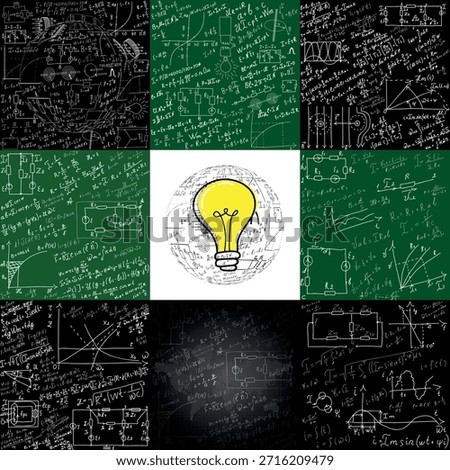 A collection of mathematical equations and formulas on a chalkboard. A set of hand-drawn diagrams and graphs on green and black backgrounds. A light bulb on a ball. Doodle.