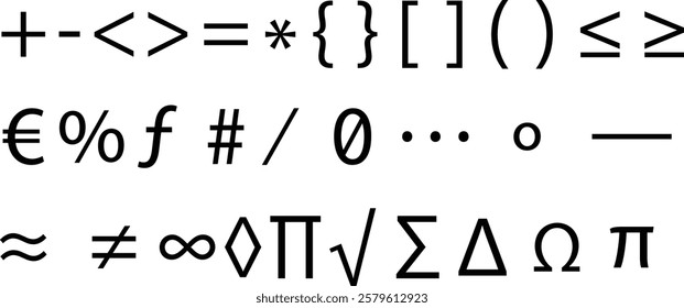 Collection of Mathematical Symbols plus, minus, less than, greater than, equal, asterisk, curly brackets, square, brackets, less than or equal, hash, slash, zero, root, sigma, triangle, omega, pi