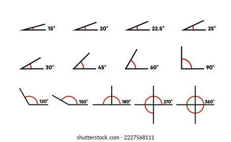 Die Kollektionsmathematik bricht. Icon-Set 22.5, 30, 45, 60, 90, 120, 150, 180, 270 und 360 Grad. Verschiedene Winkel Grad Symbol gesetzt. Vektorgrafik.