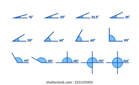 Die Kollektionsmathematik bricht. Icon-Set 22.5, 30, 45, 60, 90, 120, 150, 180, 270 und 360 Grad. Verschiedene Winkel Grad Symbol gesetzt. Vektorgrafik.