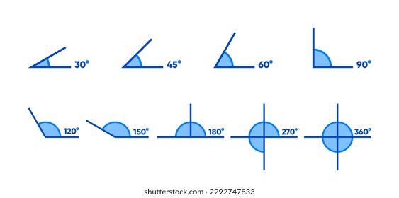 Die Kollektionsmathematik bricht. Icon-Set mit 30, 45, 60, 90, 120, 150, 180, 270 und 360 Grad. Verschiedene Winkel Grad Symbol gesetzt. Vektorgrafik.