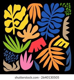 Collection of Matisse inspired contemporary collage elements with abstract organic shapes in bright colors for poster on black background, vector illustration