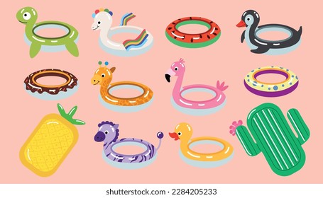 Collection of mattresses for swimming. Set of vector bright air mattresses isolated from each other. Donut, duck, flamingo, circle, pineapple, etc