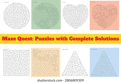 Collection of maze puzzles with complete solutions for problem solving and brain teaser activities