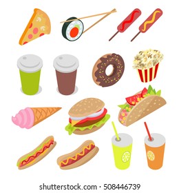 Collection of meal, food and drinks. Vector illustration include pizza, sushi, sausages, tea, coffee, donut, ice-cream, popcorn, cheeseburger, hot dogs juice. Demonstration unhealthy food. Flat style