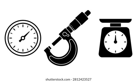 Collection of measurement tools including a pressure gauge, micrometer, and scale, presented as black icons on a white background