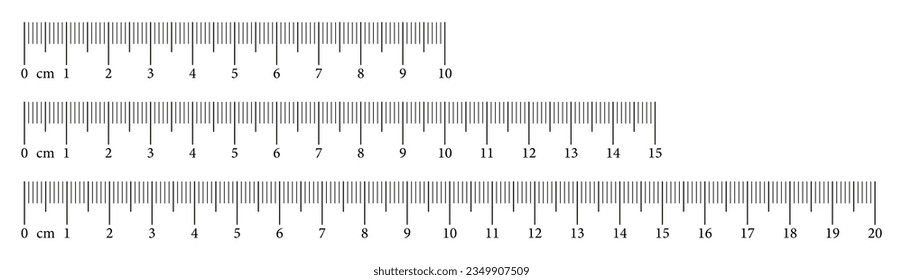 Kollektionsmesskarten mit 10,15, 20 Zentimetern. Längenmessmathematik, Entfernung, Höhe, Nähwerkzeuge. Satz von Vorlagenregeln skalieren mit Zahlen. EPS.