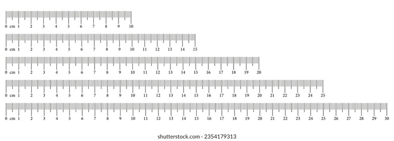 Collection measuring charts with 10,15, 20, 25, 30 centimeters. Length measurement math, distance, height, sewing tools. Vector illustration. Set of templates rulers scale with numbers. Eps icon.