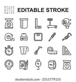 Collection of measuring instruments. Thin line vector. Contains icons such as body scale, body temperature gauge, pressure gauge.