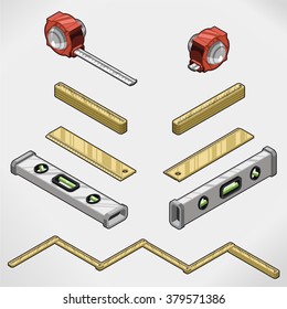 Collection of measuring tools: tape measure, folding rule, ruler and spirit level (isometric view)