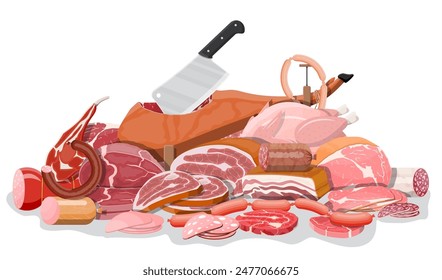 Collection of meat. Chop, sausages, bacon, ham. Marbled meat and beef. Butcher shop, steakhouse, farm organic products. Grocery food products. Pork fresh steak. Vector illustration in flat style