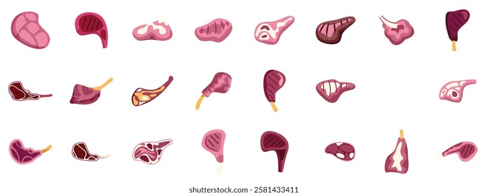 Collection of meat cuts showcasing diverse options, from raw to grilled, suitable for butchers, restaurants, or food related designs