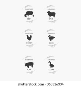 Collection of Meat Labels and Badges. Set farm chicken, goose, duck, lamb, pork, beef. Icons vector.Meat logos, badges. Meat sticker set.