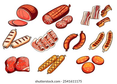 Coleção de produtos de carne salsichas, presunto, bacon e pepperoni, simbolizando iguarias tradicionais e ingredientes de cozinha. Adequado para temas culinários, gastronômicos e de restaurantes. Ilustração vetorial.