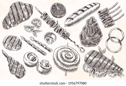 Collection of meat top view frame. Banner in engraved design. Background of different elements prepared to bbq design template. Vintage hand drawn sketch vector illustration. Good nutrition