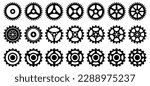 Collection of mechanical cogwheels. 21 small and large gears. Black silhouette sprocket icon design element. White background. Vector illustration.