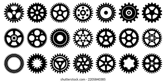 Collection of mechanical cogwheels. 21 small and large gears. Black silhouette sprocket icon design element. White background. Vector illustration.